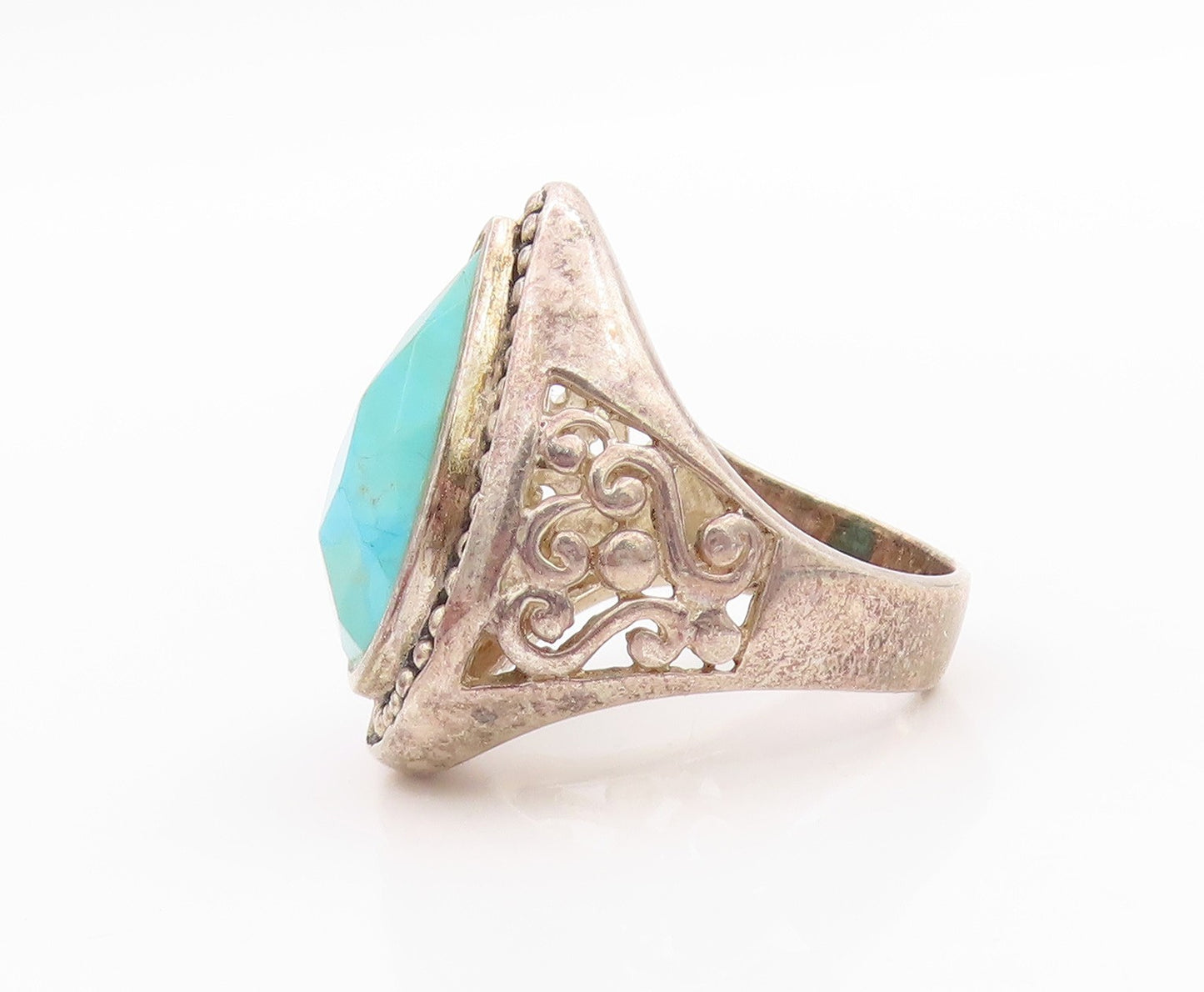 925 Sterling Silver Vintage Ring Drop Cut Turquoise Bead Border  Sz 6  RG33316