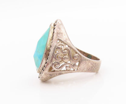 925 Sterling Silver Vintage Ring Drop Cut Turquoise Bead Border  Sz 6  RG33316