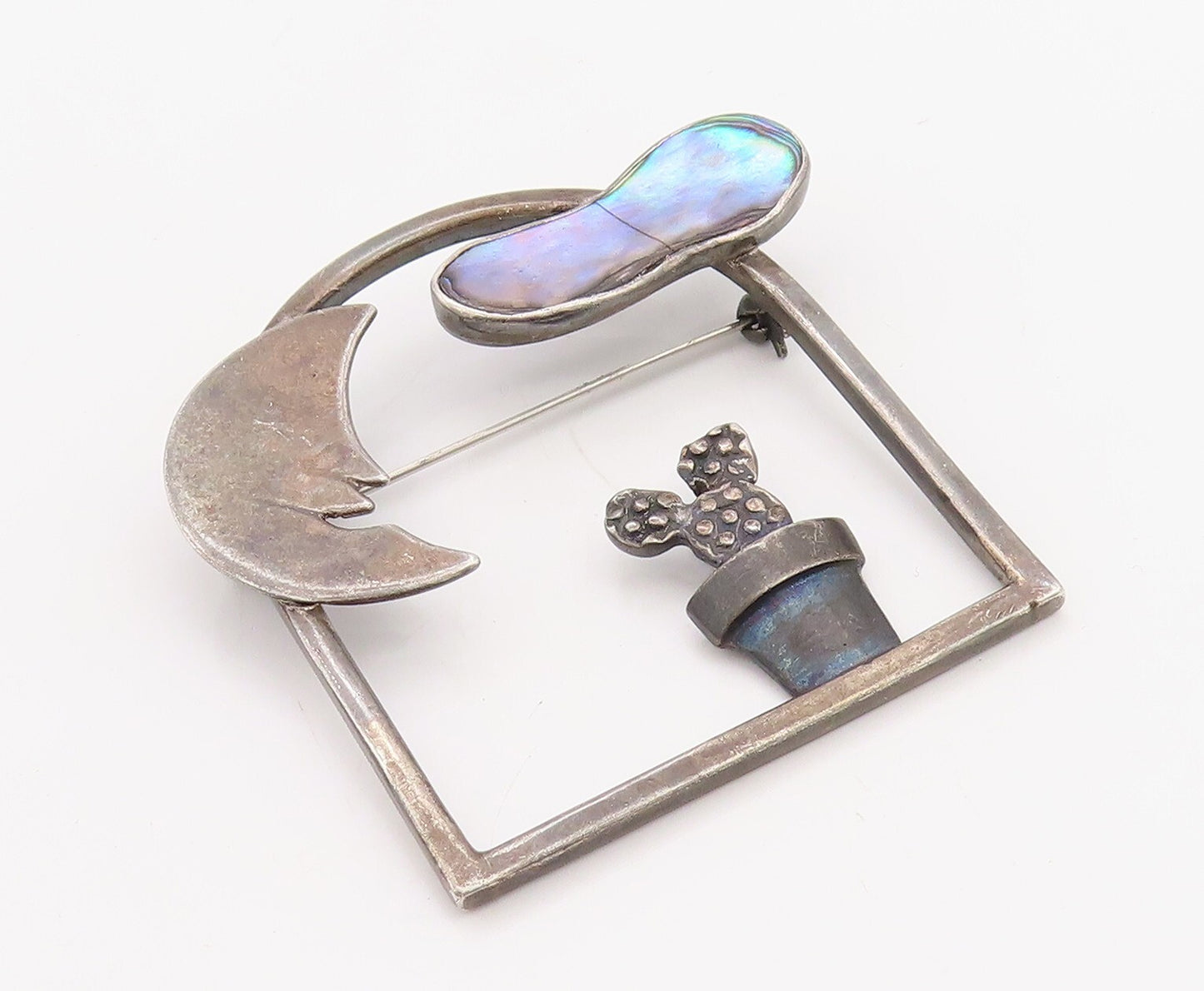925 Sterling Silver Vintage Brooch Pin Cutout Abalone View Of Window  BP11226