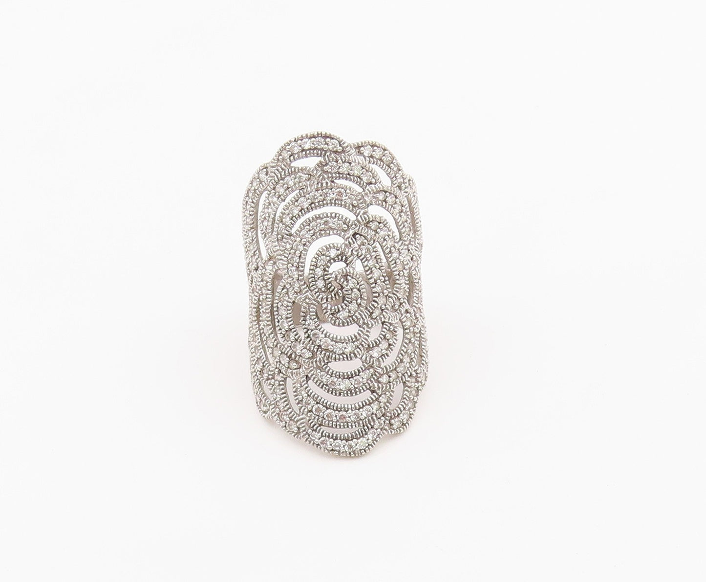 925 Sterling Silver Vintage Ring CZ Pave Intricate Openwork Rose Sz 7.5 RG36631