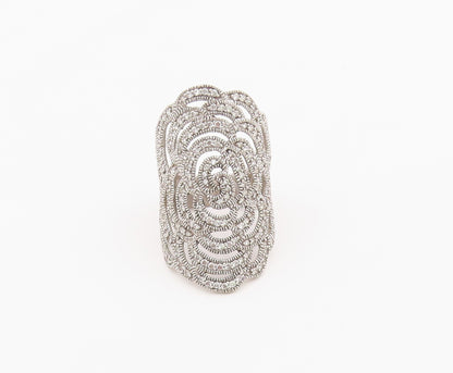 925 Sterling Silver Vintage Ring CZ Pave Intricate Openwork Rose Sz 7.5 RG36631