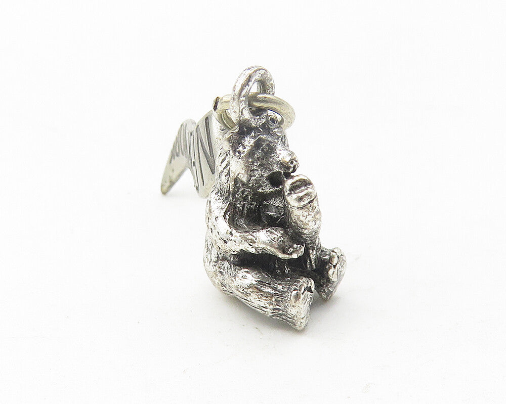 925 Sterling Silver  Vintage Sitting Bear & Fish New York Drop Pendant  PT9374