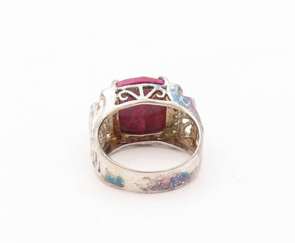 925 Sterling Silver Vintage Ring Diamonds Inlay Square Cut Ruby  Sz 7.5  RG30210