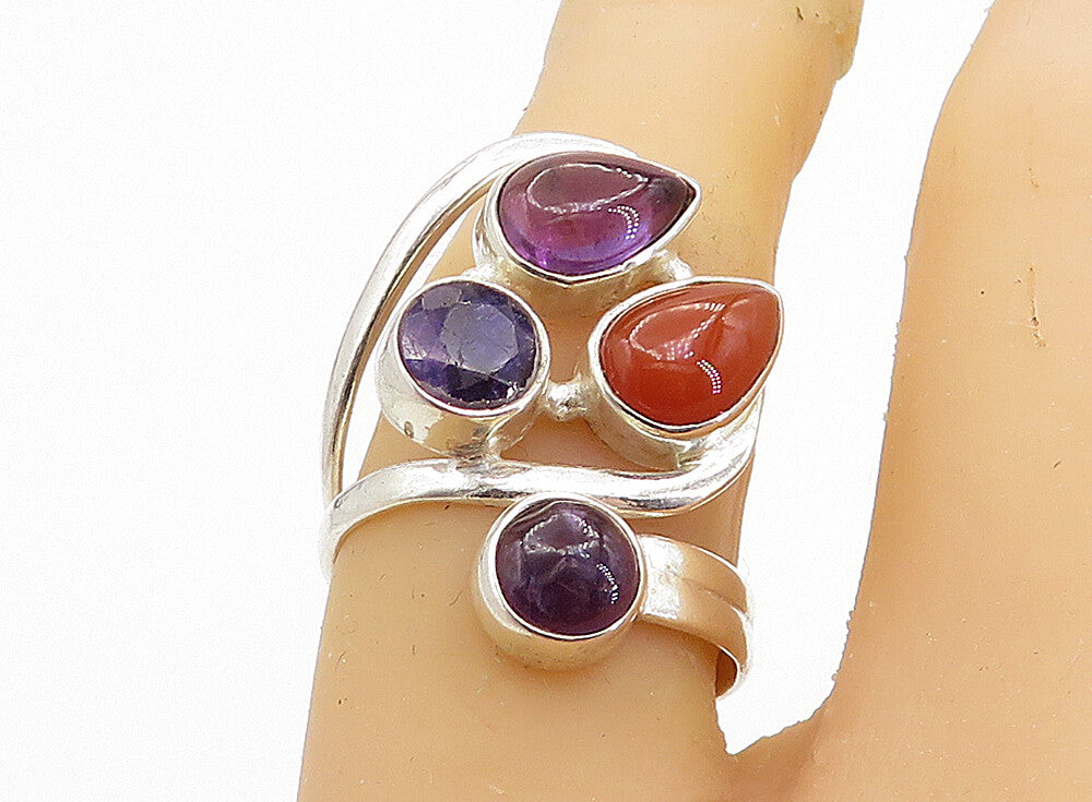 925 Sterling Silver  Coral & Amethyst Cluster Split Cocktail Ring Sz 7  RG7790