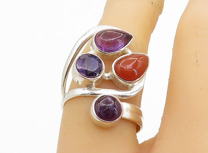 925 Sterling Silver  Coral & Amethyst Cluster Split Cocktail Ring Sz 7  RG7790