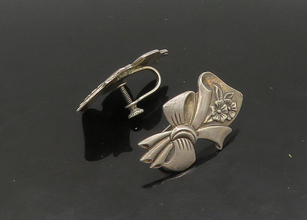 925 Silver  Vintage Antique Floral Ribbon Bow Non Pierce Earrings  EG11402