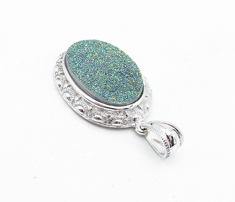925 Sterling Silver  Vintage Green Druzy Patterned Border Drop Pendant  PT3697