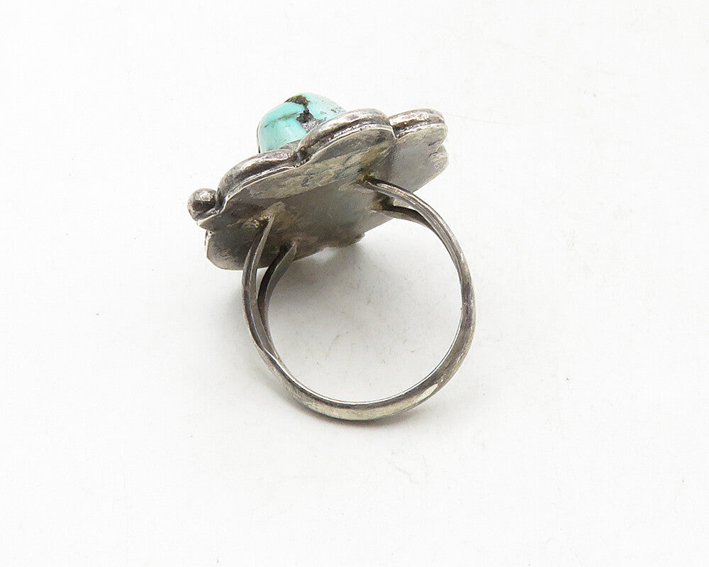 NAVAJO 925 Sterling Silver  Vintage Turquoise Floral Cocktail Ring Sz 4 RG9612