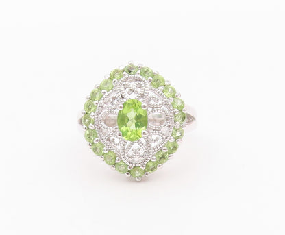 925 Sterling Silver Vintage Ring Round Peridot Floral Design Cut  SZ 8  RG32030