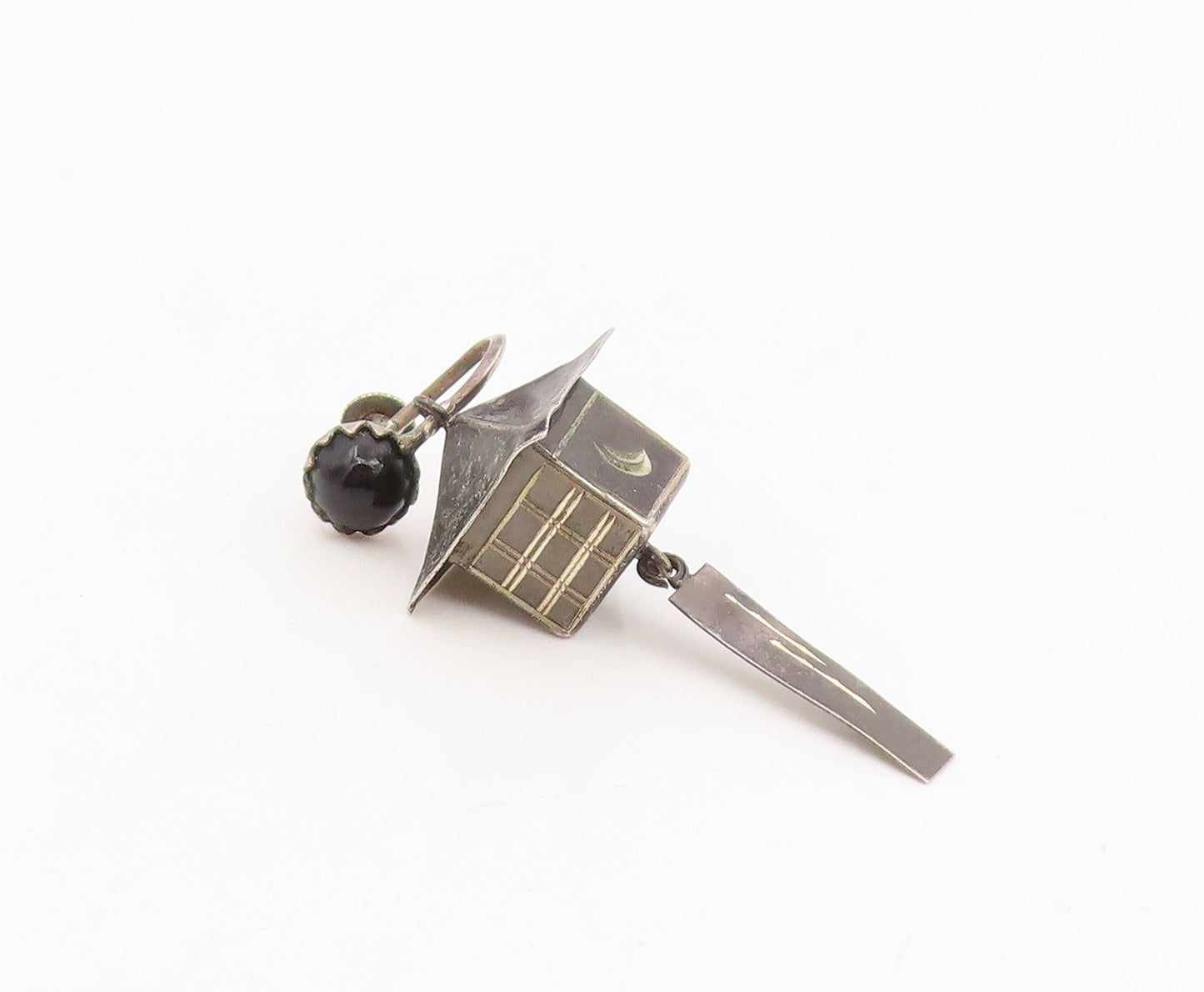 925 Sterling Silver Vintage Earrings JAPAN Onyx Temple Lantern Charm  EG14116