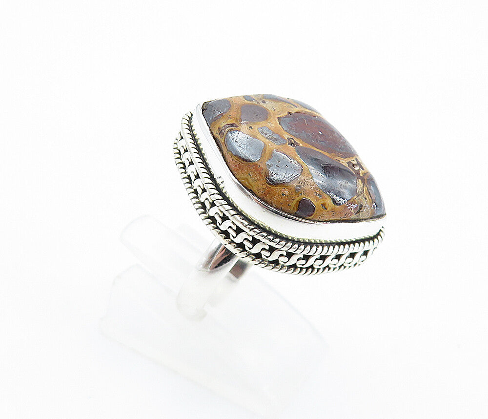 925 Sterling Silver  Brown Spotted Jasper Shiny Cocktail Ring Sz 7.5  RG7781