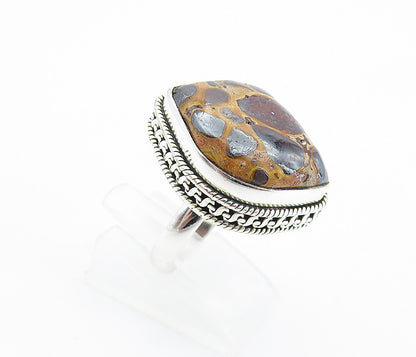 925 Sterling Silver  Brown Spotted Jasper Shiny Cocktail Ring Sz 7.5  RG7781