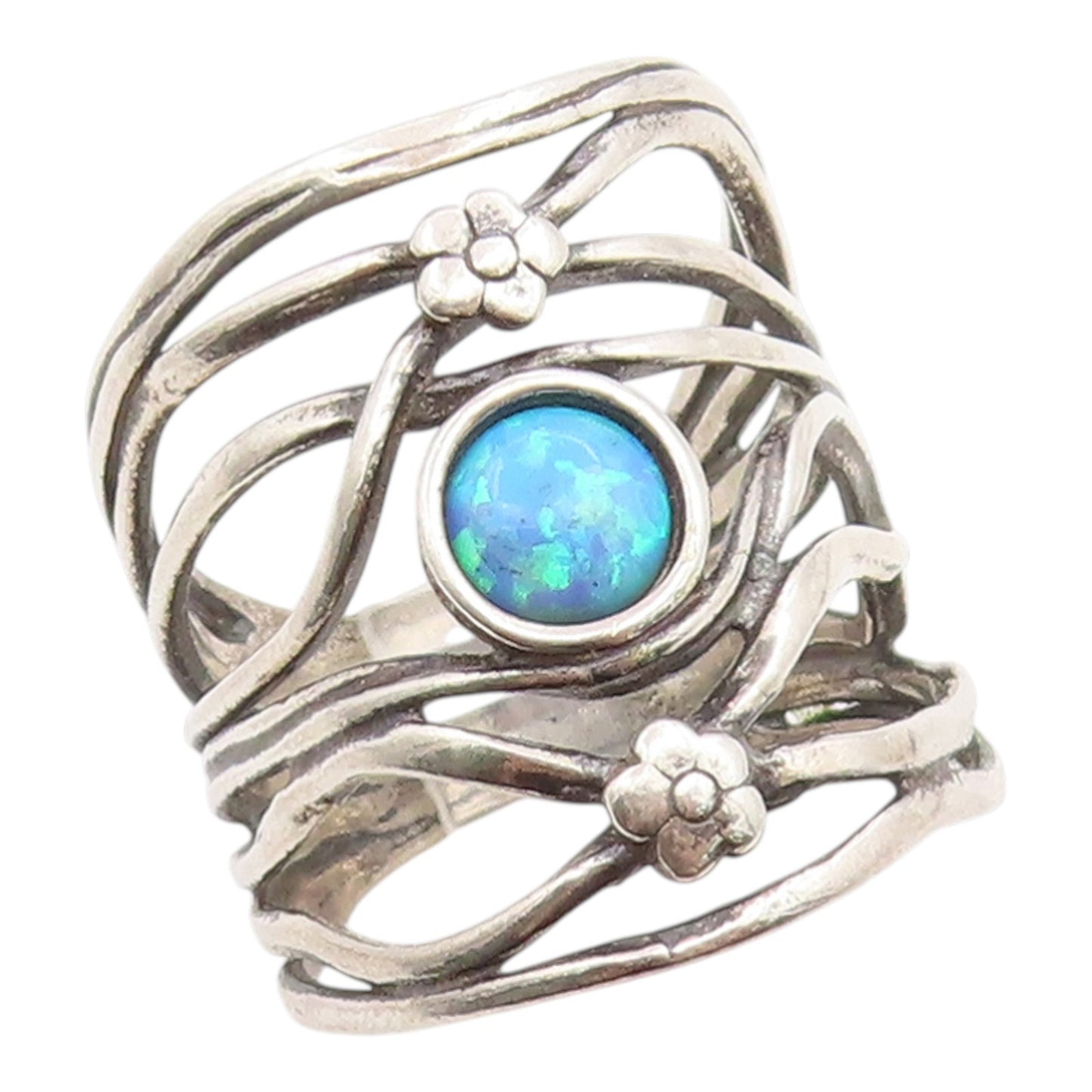 925 Sterling Silver Vintage Ring ISRAEL Fire Opal Floral Wave  Sz 8  RG35642