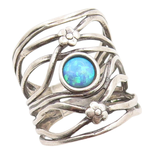 925 Sterling Silver Vintage Ring ISRAEL Fire Opal Floral Wave  Sz 8  RG35642