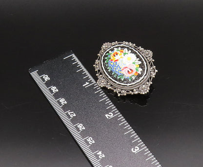 925 Sterling Silver Vintage Floral Enamel Art Beaded Border Brooch Pin BP10053