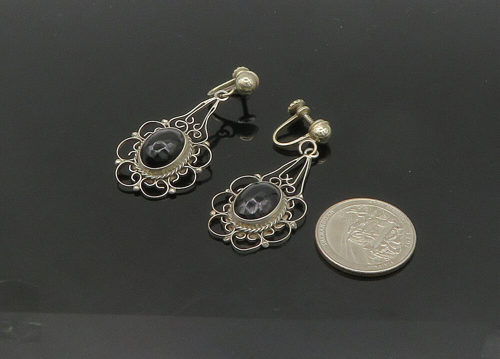 MEXICO 925 Silver  Vintage Black Onyx Floral Non Pierce Earrings  EG10507