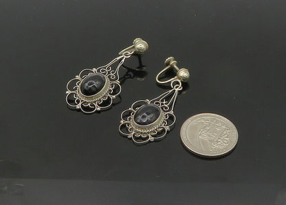 MEXICO 925 Silver  Vintage Black Onyx Floral Non Pierce Earrings  EG10507