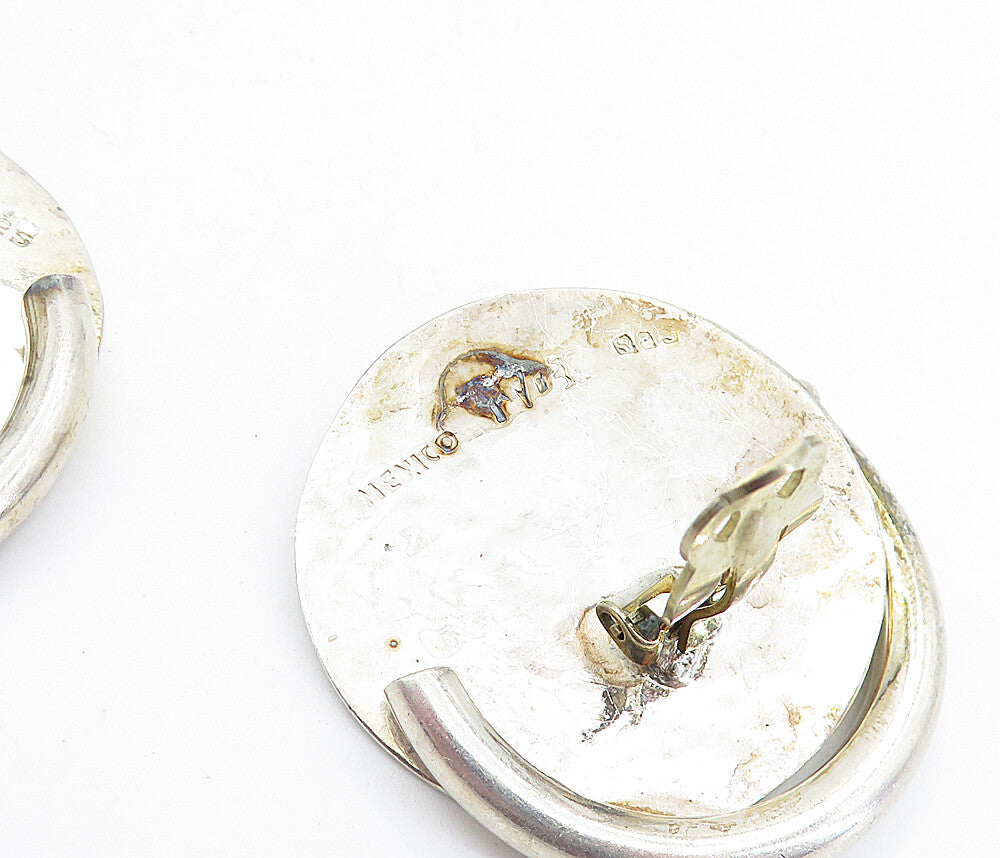 MEXICO 925 Sterling Silver Vintage Modernist Hammered Non Pierce Earrings EG2875
