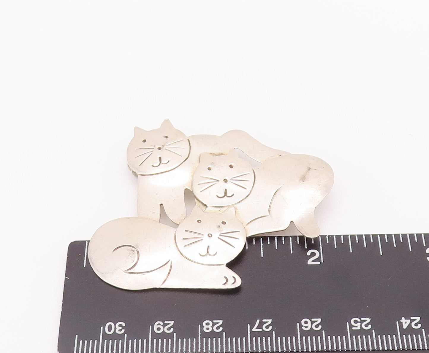925 Sterling Silver Vintage Brooch Pin MEXICO Cutout Playful Cat Family  BP10741