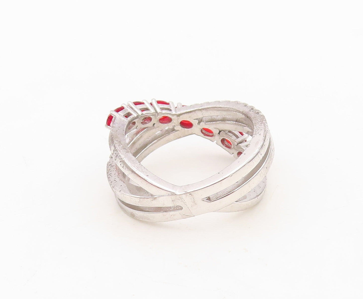 925 Sterling Silver Vintage Ring Designer Cutout Garnet & CZ Bands Sz 7  RG30399