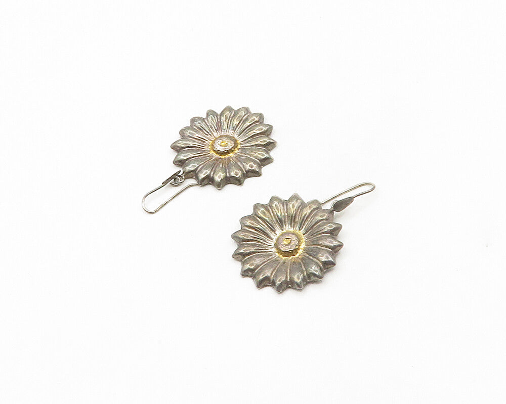 925 Sterling Silver  Vintage Dark Tone Flower Motif Drop Earrings  EG9083