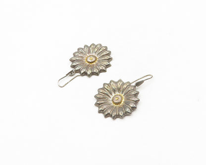 925 Sterling Silver  Vintage Dark Tone Flower Motif Drop Earrings  EG9083