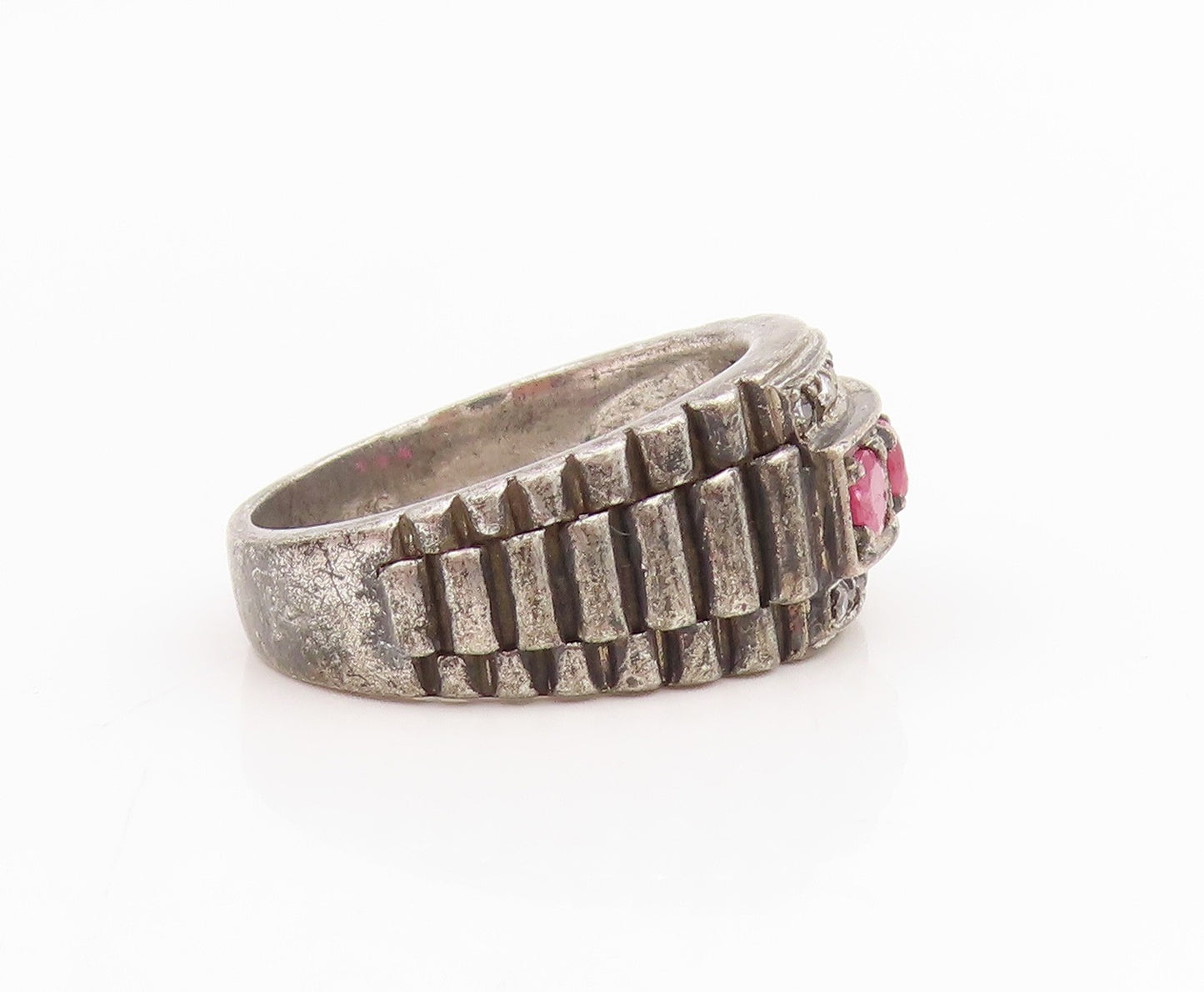 925 Sterling Silver Vintage Ring Real Diamonds & Ruby Watch Band Sz 8.5 RG34834