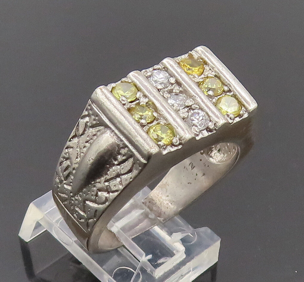 925 Sterling Silver  Vintage Yellow White Topaz Band Carved Ring Sz 12 RG27444