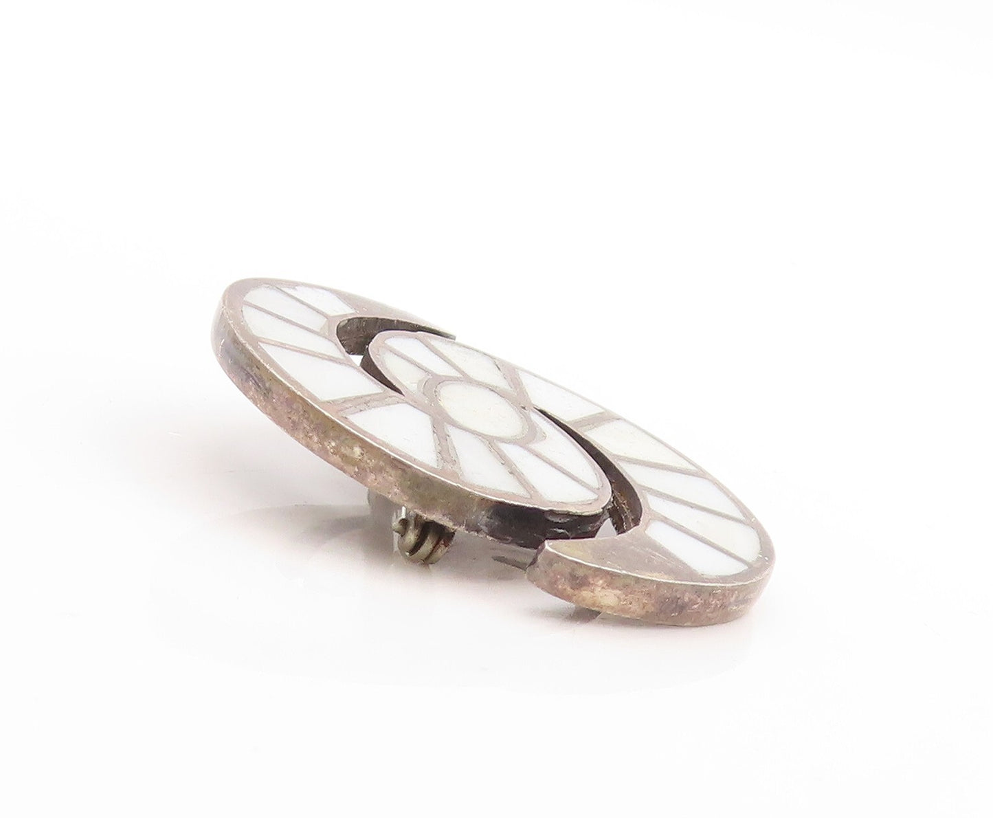 925 Sterling Silver Vintage Brooch Pin Cutout Gemstone Inlay Spirals  BP11381