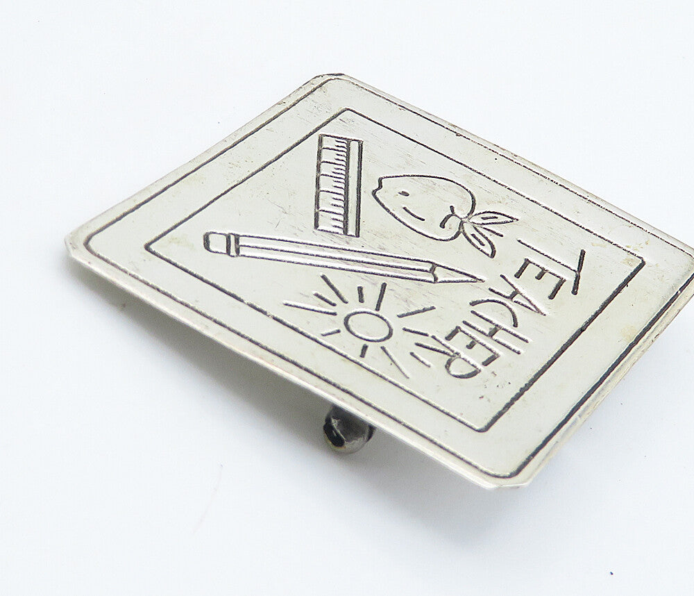 MEXICO 925 Sterling Silver  Vintage Teacher Etched Square Brooch Pin  BP2889