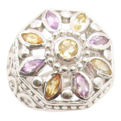 925 Sterling Silver Vintage Ring Amethyst & Citrine Floral Band  Sz 6  RG36157