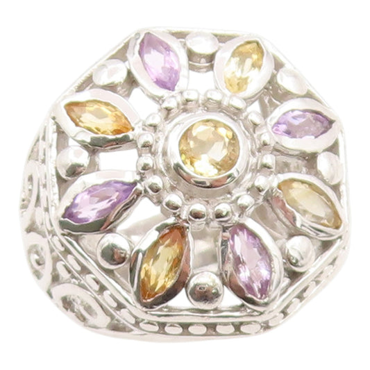 925 Sterling Silver Vintage Ring Amethyst & Citrine Floral Band  Sz 6  RG36157