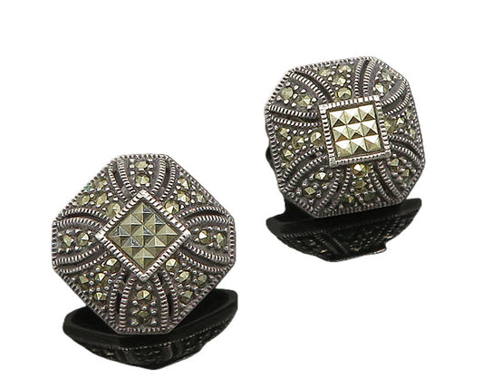 JUDITH JACK 925 Silver  Vintage Non Pierced Marcasite Dome Earrings  EG11690