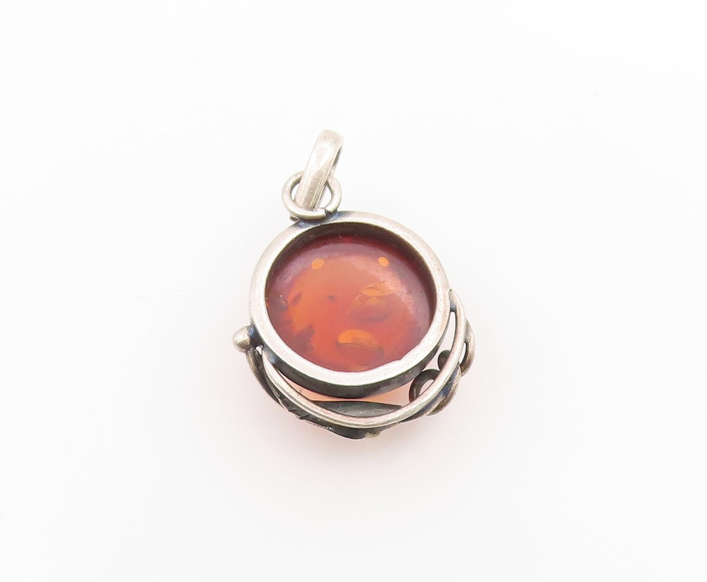 925 Sterling Silver Vintage Pendant Round Cabochon Amber Leaf Motif  PT26242