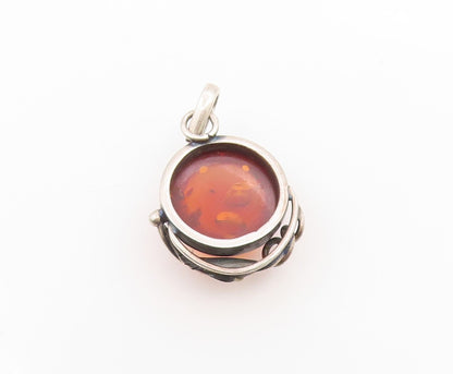 925 Sterling Silver Vintage Pendant Round Cabochon Amber Leaf Motif  PT26242