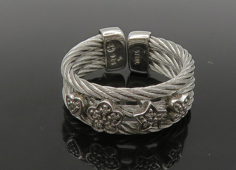 925 Silver  Vintage Genuine Diamonds Star Floral Twist Band Ring Sz 7  RG21853