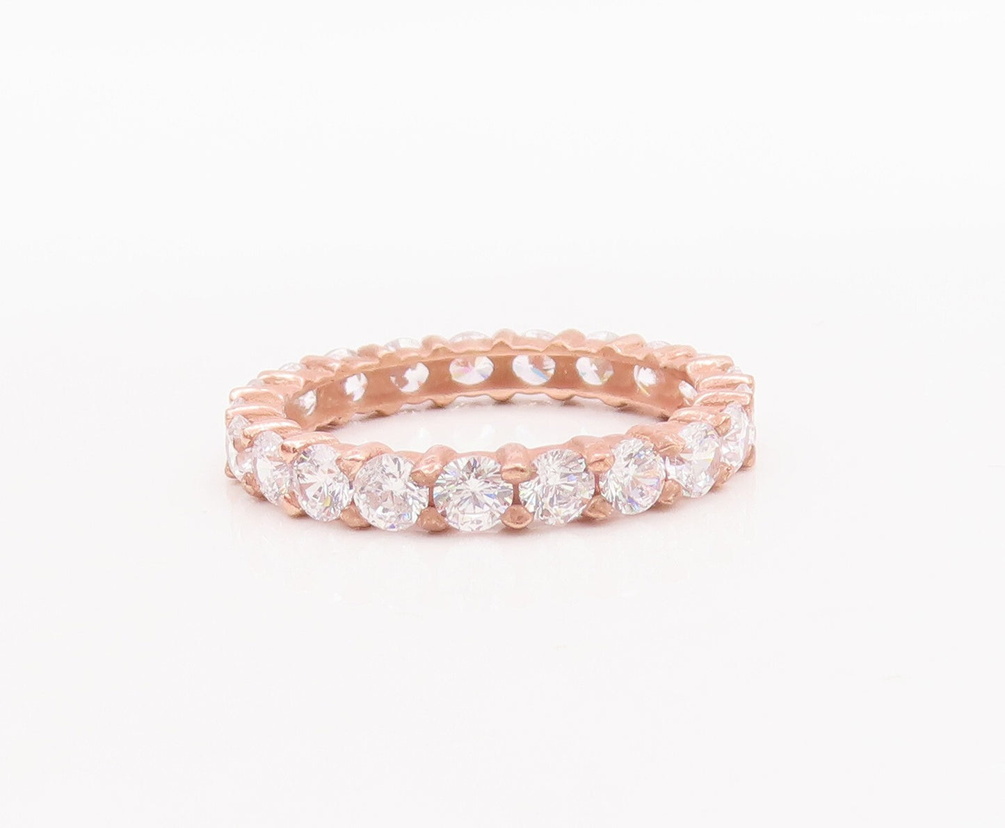 925 Sterling Silver Vintage Ring Pink Enameled 360 CZ Inlay  Sz 7.5  RG29184