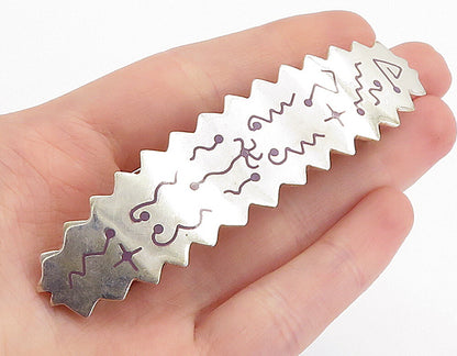 MEXICO 925 Sterling Silver  Vintage Enamel Pattern Serrated Hair Clip  TR1175