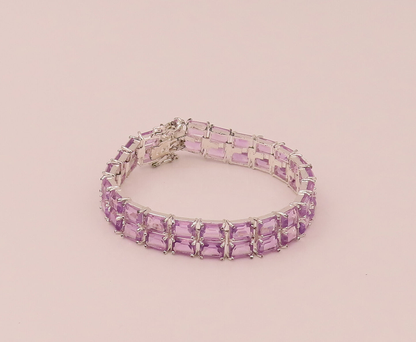 925 Sterling Silver  Vintage Amethyst Rectangular Double Band Bracelet  BT9822