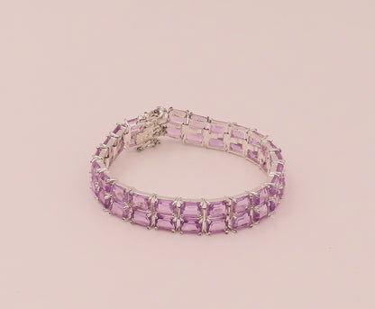 925 Sterling Silver  Vintage Amethyst Rectangular Double Band Bracelet  BT9822