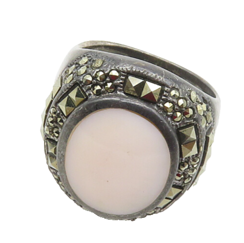 925 Silver  Vintage Mother Of Pearl & Marcasite Cocktail Ring Sz 6  RG17084