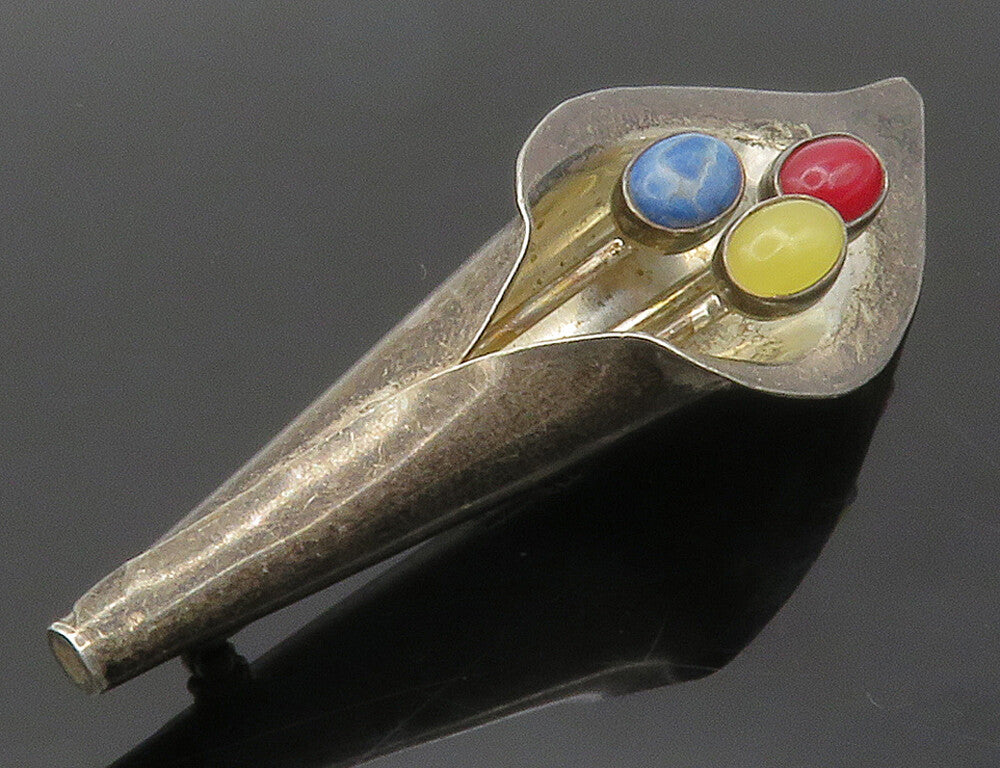 MEXICO 925 Silver Vintage Sodalite & Multi Stone Flower Brooch Pin BP5925