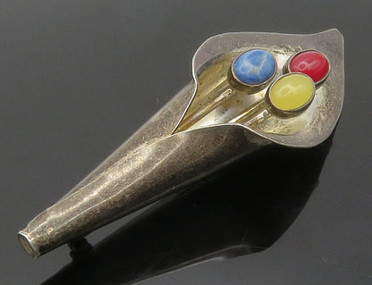 MEXICO 925 Silver Vintage Sodalite & Multi Stone Flower Brooch Pin BP5925