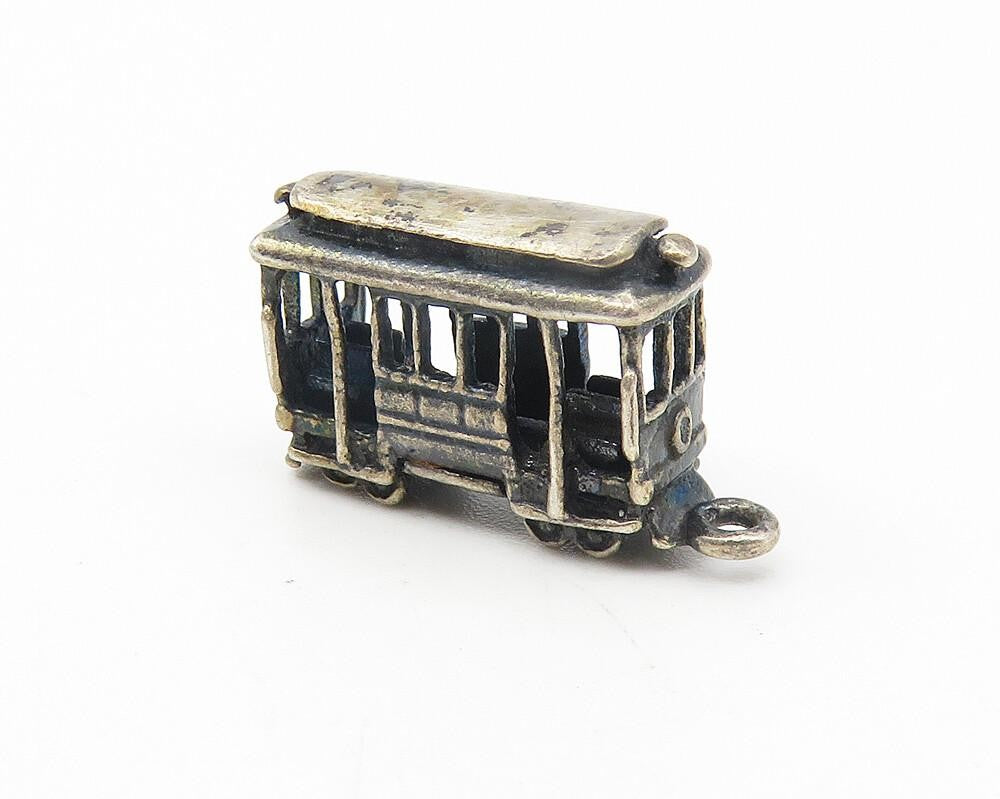 925 Sterling Silver  Vintage Petite Dark Tone Trolley Car Drop Pendant  PT9246