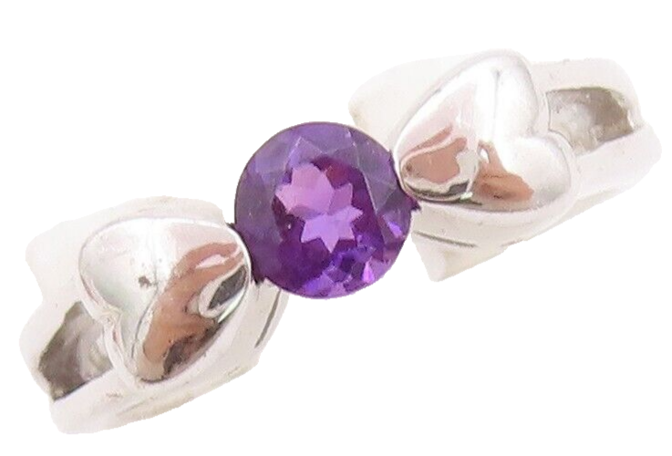 925 Sterling Silver Vintage Ring Round Cut Amethyst Carved Hearts  Sz 7  RG29466