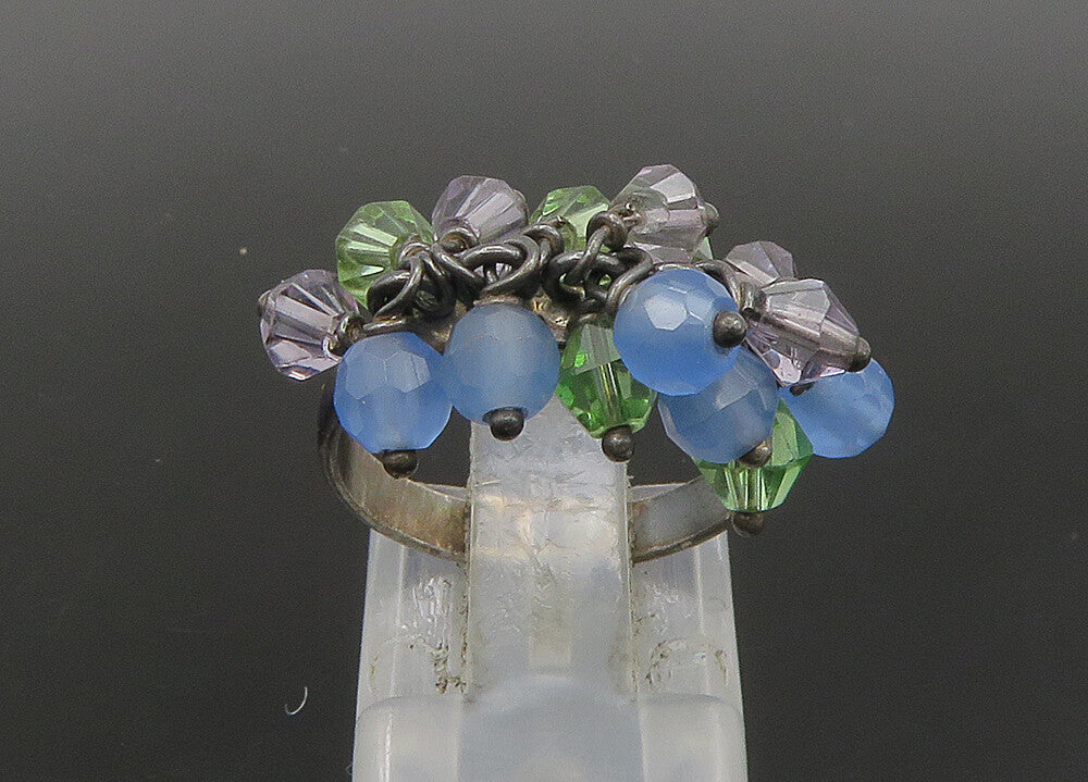 925 Sterling Silver  Vintage Beaded Cluster Dark Tone Band Ring Sz 6  RG22948