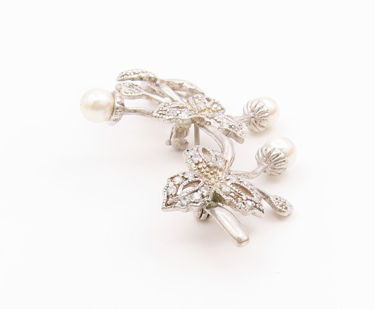 925 Silver  Vintage Fancy Freshwater Pearls & Topaz Stem Brooch Pin  BP10065