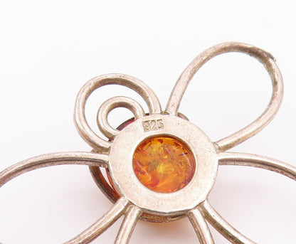 925 Sterling Silver  Vintage Cabochon Cut Amber Butterfly Pendant  PT15648