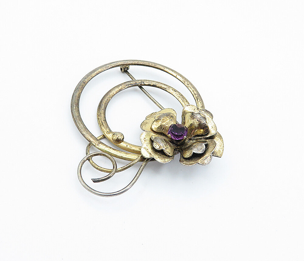 925 Sterling Silver  Vintage Amethyst Dark Tone Flower Brooch Pin  BP2791