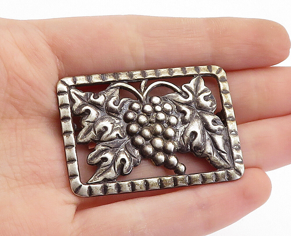 925 Sterling Silver  Vintage Antique Grape Bunch Square Brooch Pin  BP2693